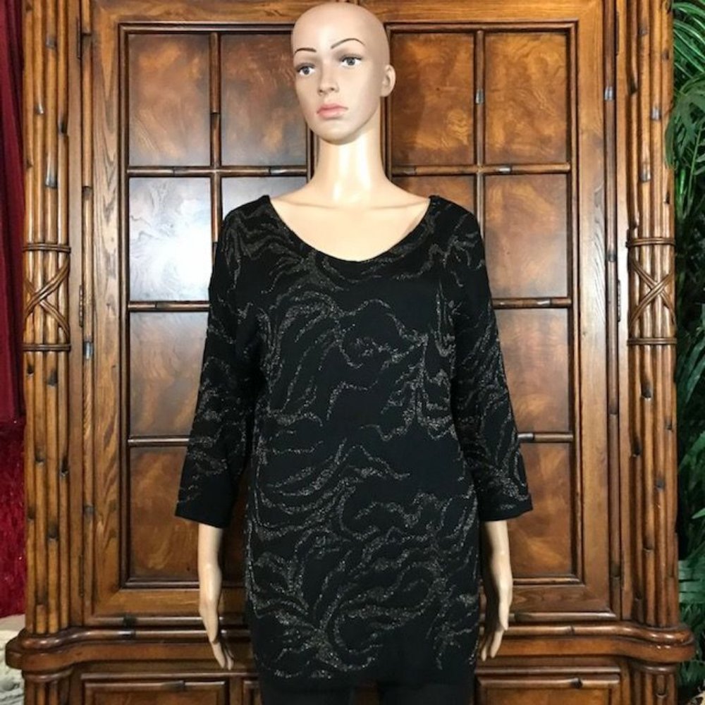 Chico's Black/Gold Double Vneck Lightweight Shine Sweater